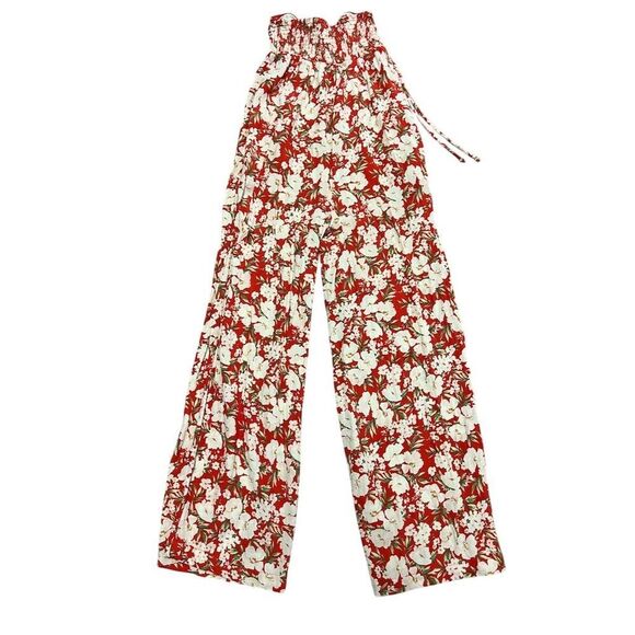 American Eagle Women's XS Red Floral Strapless Jumpsuit Casual Wide-Leg - Picture 2 of 4
